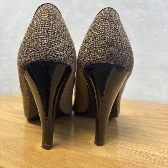 VTG Bakers Jenni Brown Patent Leather Tweed Gold Buckle Peep Toe Pumps Size 8 - Picture 5 of 12